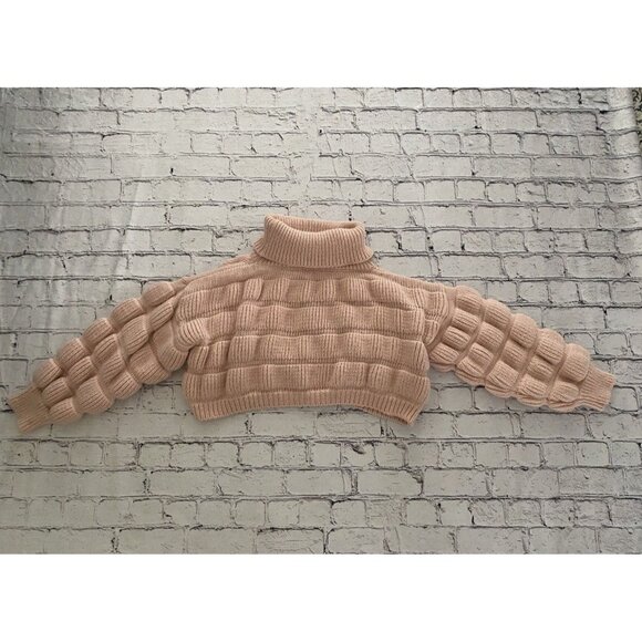 Bubble Gum Pink Turtleneck Cropped Chunky Puffy Sweater Small Medium Trendy EUC - Picture 8 of 16